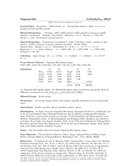 Yugawaralite Caal2si6o16 ² 4H2O C 2001 Mineral Data Publishing, Version 1.2 ° Crystal Data: Monoclinic