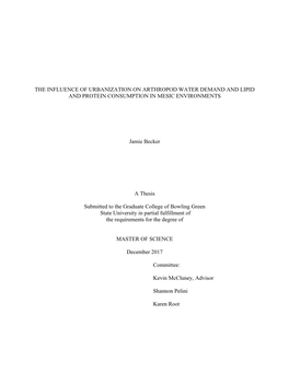 The Influence of Urbanization on Arthropod Water Demand and Lipid and Protein Consumption in Mesic Environments