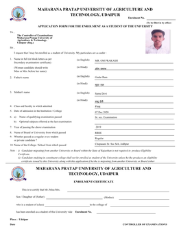 MAHARANA PRATAP UNIVERSITY of AGRICULTURE and TECHNOLOGY, UDAIPUR Enrolment No