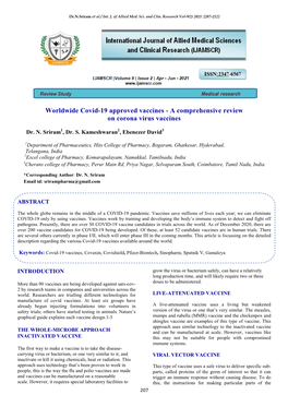 Worldwide Covid-19 Approved Vaccines - a Comprehensive Review on Corona Virus Vaccines