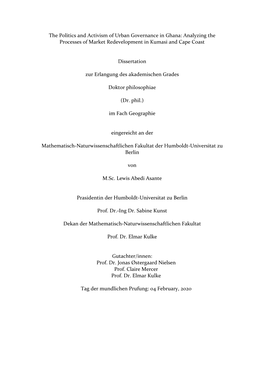 The Politics and Activism of Urban Governance in Ghana: Analyzing the Processes of Market Redevelopment in Kumasi and Cape Coast