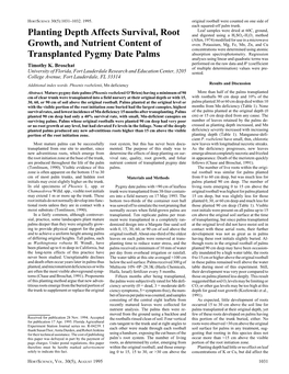 Planting Depth Affects Survival, Root Growth, and Nutrient Content Of