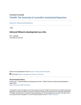 Edmund Wilson's Development As Critic