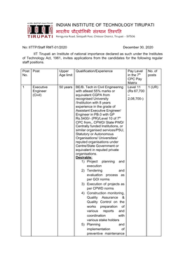 INDIAN INSTITUTE of TECHNOLOGY TIRUPATI भारतीय ​�ौ�यो�गक� स​ �ं थान ​�त�प�त Renigunta Road, Settipalli Post, Chittoor District, Tirupati – 517506