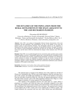 The Dynamics of the Population from the Rural Settlements in the Space Adjacent to the Axis Bucharest-Ploieşti