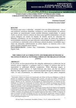 O VIDEOCLIPE COMO CIBERACONTECIMENTO E MOBILIZADOR DE SENTIDOS POLÍTICOS EM REDES DIGITAIS ATRAVÉS DE ANITTA Christian Gonzatti1 Gabriela Cleveston Gelain2