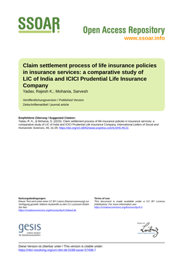 A Comparative Study of LIC of India and ICICI Prudential Life Insurance Company Yadav, Rajesh K.; Mohania, Sarvesh