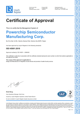 This Is to Certify That the Management System Of: Powerchip Semiconductor