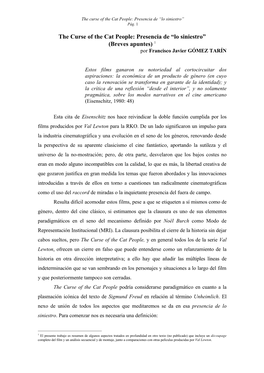 The Curse of the Cat People: Presencia De “Lo Siniestro” (Breves Apuntes) 1 Por Francisco Javier GÓMEZ TARÍN