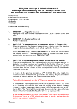 Ellingham, Harbridge & Ibsley Parish Council Planning Committee Meeting Held on Tuesday 9Th March 2021