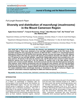 Diversity and Distribution of Macrofungi (Mushrooms) in the Mount Cameroon Region