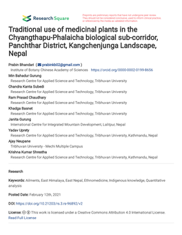 Traditional Use of Medicinal Plants in the Chyangthapu-Phalaicha Biological Sub-Corridor, Panchthar District, Kangchenjunga Landscape, Nepal