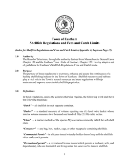 Town of Eastham Shellfish Regulations and Fees and Catch Limits