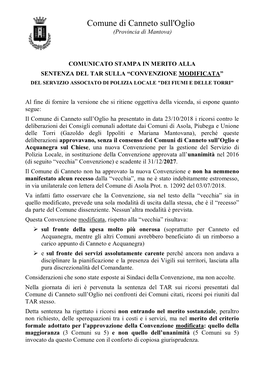 “Convenzione Modificata” Del Servizio Associato Di Polizia Locale "Dei Fiumi E Delle Torri"