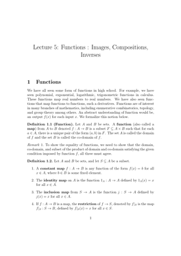 Lecture 5: Functions : Images, Compositions, Inverses