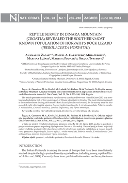 Reptile Survey in Dinara Mountain (Croatia) Revealed the Southernmost Known Population of Horvath’S Rock Lizard (Iberolacerta Horvathi)