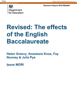 Effects of the English Baccalaureate (Ebacc) on Schools, Parents/Carers and Pupils