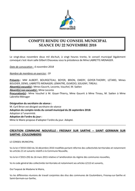Compte Rendu Du Conseil Municipal Seance Du 22 Novembre 2018