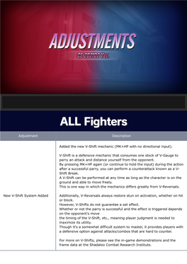 Adjustment Description New V-Shift System Added