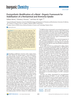 Postsynthetic Modification of a Metalаorganic Framework for Stabilization of a Hemiaminal and Ammonia Uptake