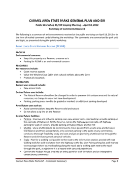 CARMEL AREA STATE PARKS GENERAL PLAN and EIR Public Workshop #1/EIR Scoping Meeting – April 18, 2012 Summary of Comments Received