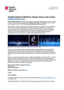 English National Ballet to Release Swan Lake Online Ondemand.Ballet.Org.Uk