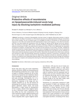 Original Article Protective Effects of Neurotensins on Lipopolysaccaride-Induced Acute Lung Injury by Blocking Tachykinin Mediated Pathway