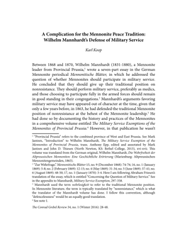 A Complication for the Mennonite Peace Tradition: Wilhelm Mannhardt’S Defense of Military Service