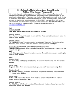 2019 Schedule of Entertainment and Special Events at Clear Water Harbor, Waupaca