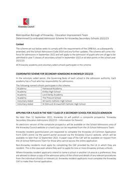 Education Improvement Team Determined Co-Ordinated Admission Scheme for Knowsley Secondary Schools 2022/23