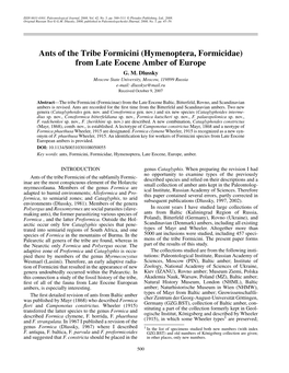 Ants of the Tribe Formicini (Hymenoptera, Formicidae) from Late Eocene Amber of Europe G