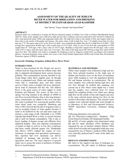 Assessment of the Quality of Jehlum River Water for Irrigation and Drinking at District Muzaffarabad Azad Kashmir
