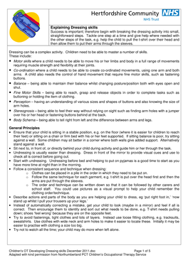 Developing Dressing Skills December 2011.Doc Page 1 of 5 Adapted with Kind Permission from Northumberland PCT Children’S Occupational Therapy Service