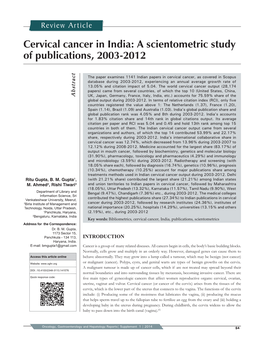 Cervical Cancer in India: a Scientometric Study of Publications, 2003-2012