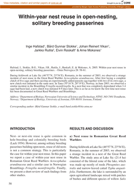 Within-Year Nest Reuse in Open-Nesting, Solitary Breeding Passerines