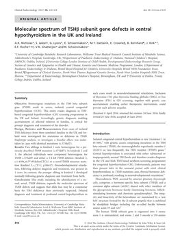 Subunit Gene Defects in Central Hypothyroidism in the UK and Ireland