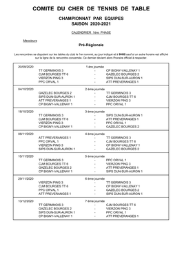 Championnat Par Equipes-Calendrier 2020-2021-Phase 1