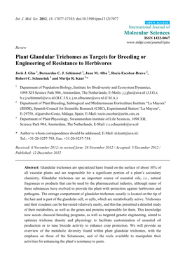 Plant Glandular Trichomes As Targets for Breeding Or Engineering of Resistance to Herbivores