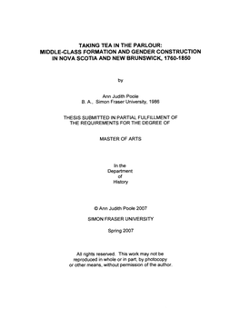 Middle-Class Formation and Gender Construction in Nova Scotia and New Brunswick, 1760-1850