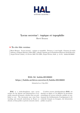 Locus Secretus’ : Topique Et Topophilie Hervé Brunon