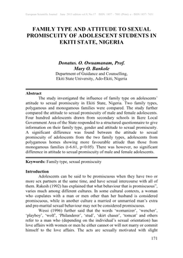 Family Type and Attitude to Sexual Promiscuity of Adolescent Students in Ekiti State, Nigeria