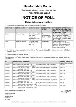 Notice of Poll Three Crosses Ward