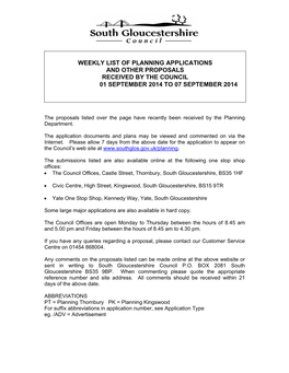 Weekly List of Planning Applications and Other Proposals Received by the Council 01 September 2014 to 07 September 2014