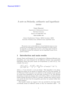 A Note on Stolarsky, Arithmetic and Logarithmic Means