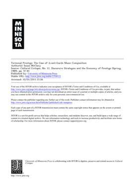 Terminal Prestige: the Case of Avant-Garde Music Composition Author(S): Susan Mcclary Source: Cultural Critique, No. 12, Discurs