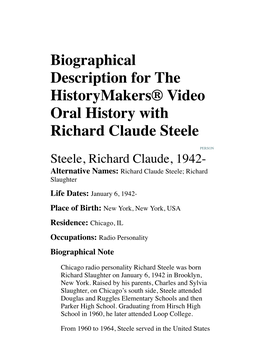 Biographical Description for the Historymakers® Video Oral History with Richard Claude Steele