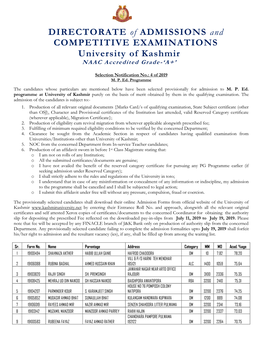 DIRECTORATE of ADMISSIONS and COMPETITIVE EXAMINATIONS