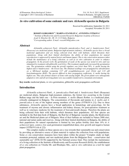 In Vitro Cultivation of Some Endemic and Rare Alchemilla Species in Bulgaria