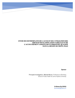 Etude Des Determinants De L'acces Et De L'utilisation Des Services De Planification Familiale Et De L'accouchement Assiste