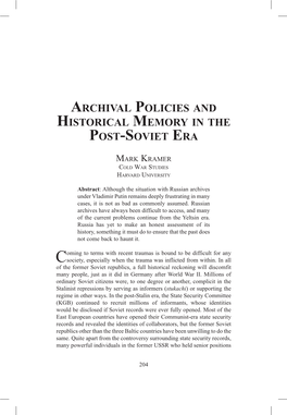 Archival Policies and Historical Memory in the Post-Soviet Era